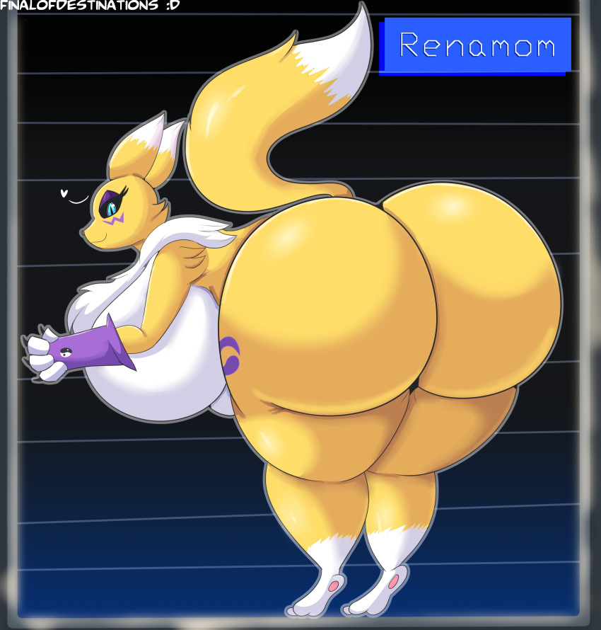 2022 absurd_res anthro ass_up bandai_namco big_breasts big_butt black_sclera blue_eyes breasts butt canid canine digimon digimon_(species) digital_media_(artwork) featureless_breasts female finalofdestinations fluffy fluffy_tail fur hi_res huge_breasts huge_butt huge_hips huge_thighs looking_at_viewer mammal mature_female neck_tuft overweight overweight_female rear_view renamon solo thick_thighs tuft white_body white_fur yellow_body yellow_fur