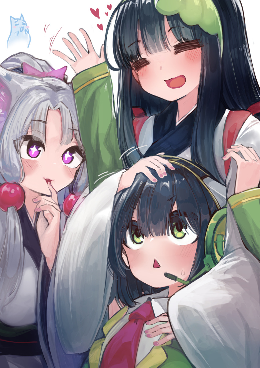 +_+ 3girls =_= absurdres animal_ear_fluff animal_ears arm_up bangs black_hair bow closed_eyes detached_sleeves eyes_visible_through_hair finger_to_mouth fox_ears fox_girl green_eyes green_hairband green_sleeves grey_hair hair_between_eyes hair_bobbles hair_bow hair_intakes hair_ornament hairband hand_on_another's_head hand_up headphones heart highres japanese_clothes kimono kyoumachi_seika long_hair long_sleeves microa microphone motion_lines multiple_girls necktie nhk_(voiceroid) open_mouth pink_bow pink_eyes red_necktie short_hair siblings simple_background sisters smile spirit touhoku_itako touhoku_zunko triangle_mouth v-shaped_eyebrows vocaloid voiceroid white_background white_kimono wide_sleeves