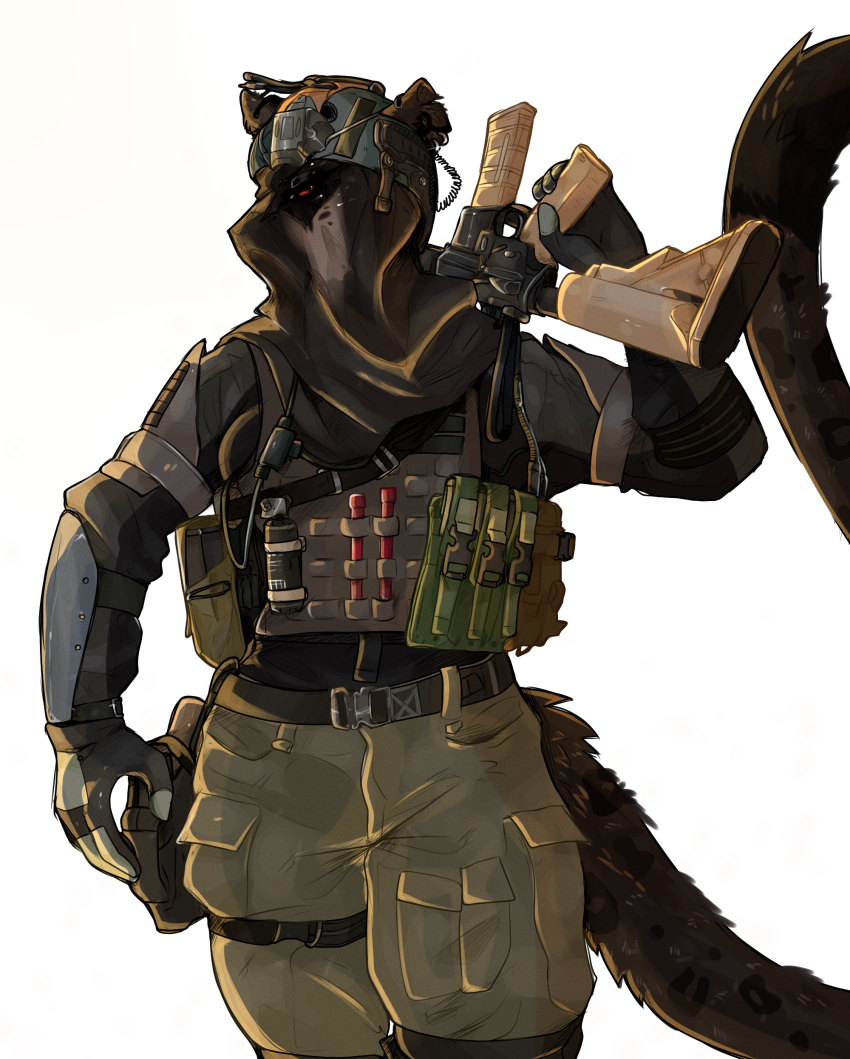 absurd_res activision alpha_channel anthro armor army assault_rifle athletic athletic_female belt black_body bottomwear bulletproof_vest call_of_duty cargo_pants clothing dominant dominant_female ear_piercing eyebrow_piercing facial_piercing felid feline felis female fur gloves gun handgun handwear headgear helmet hi_res holster honeybunnie light long_tail mammal markings mask military modern pantherine pants piercing ranged_weapon red_eyes rifle scuffed_panther simple_background solo spots spotted_body spotted_fur spotted_markings spotted_tail tactical tactical_gear tactical_gloves tail_markings transparent_background video_games weapon wire