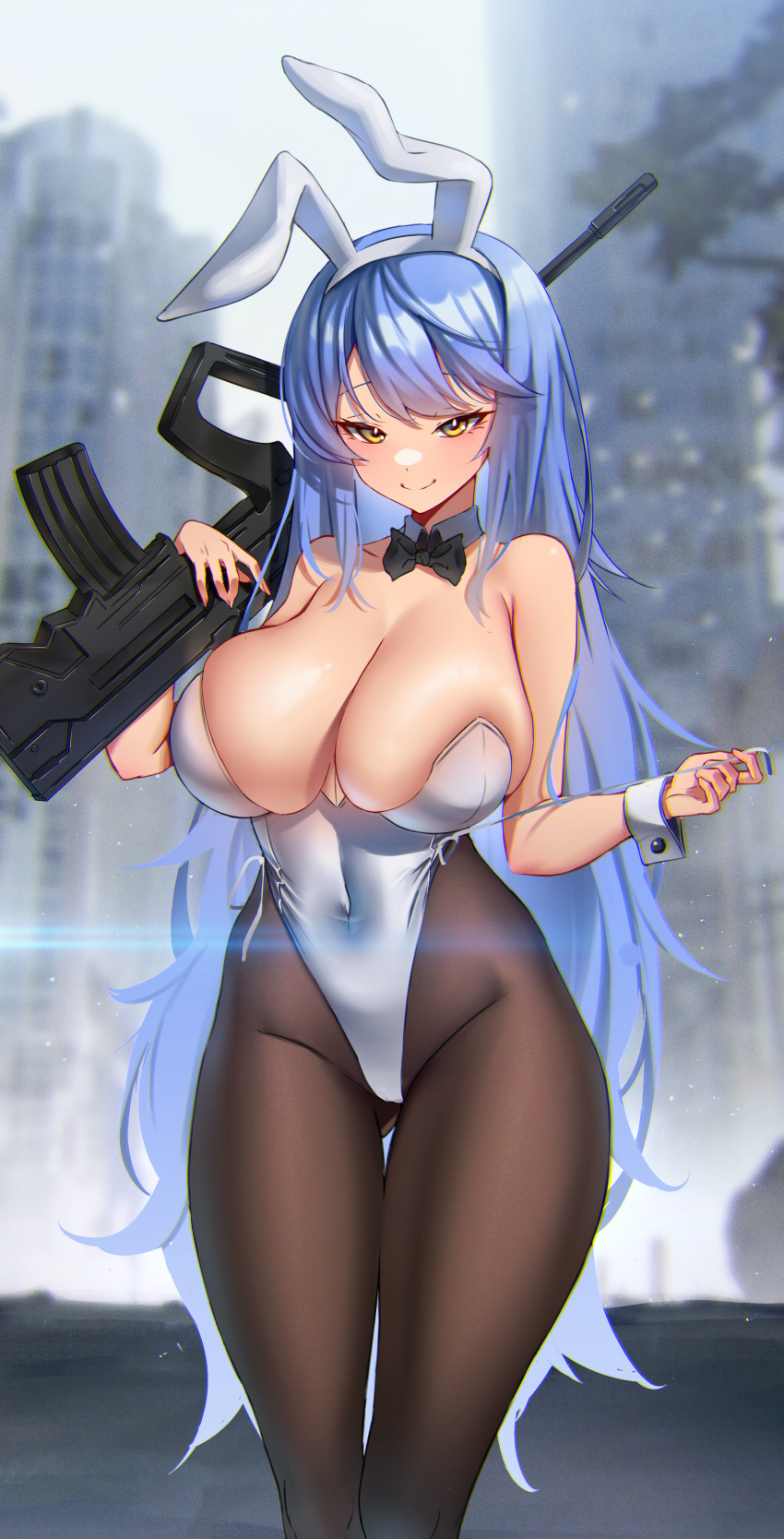 1girl absurdres anima_(togashi) animal_ears assault_rifle bangs bare_shoulders black_bow black_bowtie blue_hair blurry blurry_background bow bowtie breasts bullpup cleavage closed_mouth collarbone curvy depth_of_field detached_collar fake_animal_ears girls'_frontline gun hairband highleg highres holding holding_gun holding_weapon imi_tavor_tar-21 large_breasts leotard long_hair looking_at_viewer pantyhose playboy_bunny rabbit_ears rifle skindentation smile sniper_rifle solo standing strapless strapless_leotard tar-21_(girls'_frontline) thigh_gap very_long_hair weapon white_leotard wrist_cuffs yellow_eyes