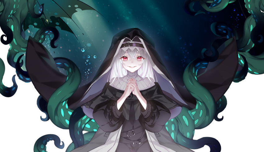 1girl absurdres air_bubble arknights bangs bubble chinese_commentary commentary_request cthulhu_mythos highres lips long_hair looking_at_viewer nail_polish no.9_yualuodesi_mimitongxinzhong nun out_of_frame own_hands_together parted_lips praying red_eyes shaded_face smile solo specter_(arknights) sunlight teeth tentacles underwear water