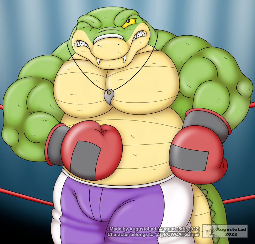 2022 absurd_res alligator alligatorid anthro augustolad bottomwear boxing_gloves boxing_shorts brok_(character) brok_the_investigator clothing crocodilian fighting_ring green_body handwear hi_res male one_eye_closed overweight overweight_male reptile scalie shorts solo video_games