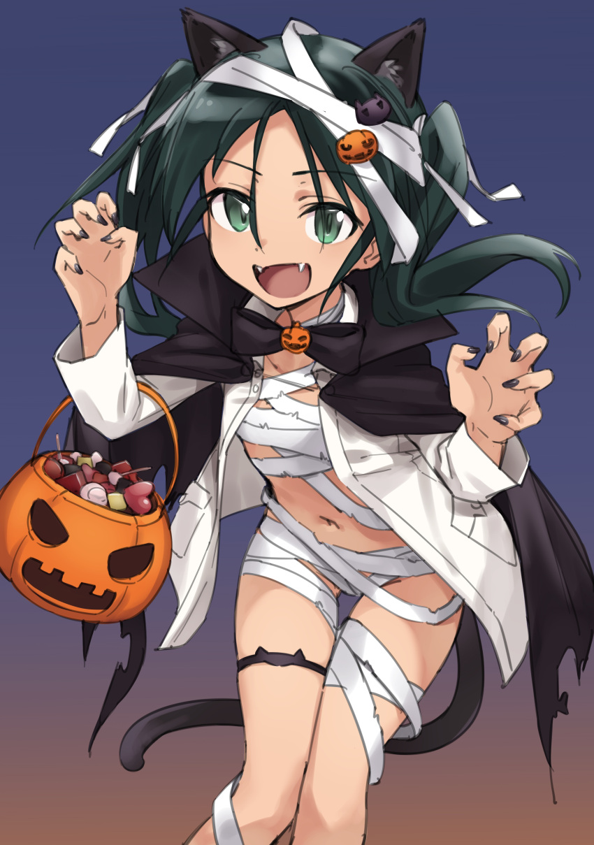1girl absurdres animal_ears bandaged_head bandaged_leg bandages bangs black_cloak black_nails cat_ears cat_hair_ornament cat_tail claw_pose cloak commentary fangs fankupl fingernails francesca_lucchini green_eyes hair_ornament halloween halloween_bucket halloween_costume highres holding jack-o'-lantern jack-o'-lantern_hair_ornament jack-o'-lantern_ornament jacket leaning_forward long_hair long_sleeves looking_at_viewer naked_bandage navel open_clothes open_jacket open_mouth sarashi sharp_fingernails smile solo standing strike_witches symbol-only_commentary tail thigh_gap thigh_strap twintails white_jacket world_witches_series
