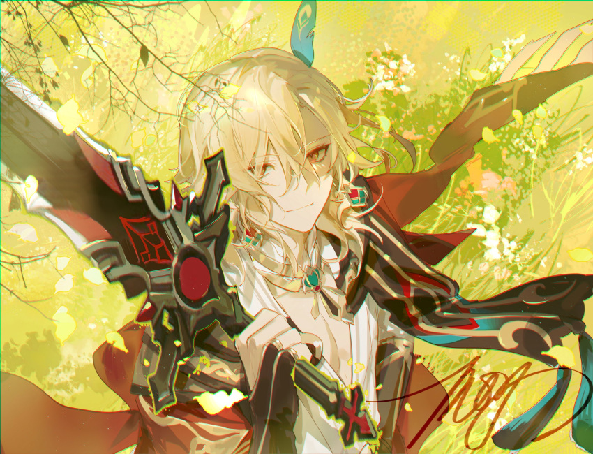 1boy bangs black_gloves blonde_hair branch cape closed_mouth commentary day earrings english_commentary eyelashes feather_hair_ornament feathers fingerless_gloves genshin_impact gingerman gloves gold_trim grass hair_between_eyes hair_ornament hand_up highres holding holding_sword holding_weapon jewelry kaveh_(genshin_impact) long_hair looking_at_viewer male_focus mandarin_collar necklace outdoors parted_bangs red_cape red_eyes shirt shoulder_cape sidelocks signature smile solo sword tassel upper_body weapon white_shirt wolf's_gravestone_(genshin_impact)