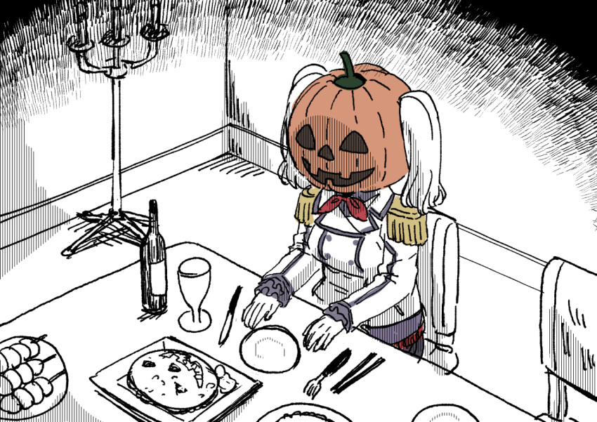 1girl alcohol breasts candlestand chopsticks cup dango drinking_glass epaulettes food fork frills gloves grey_hair ink ishii_hisao jack-o'-lantern kantai_collection kashima_(kancolle) long_hair long_sleeves medium_breasts military military_uniform neckerchief plate pumpkin pumpkin_on_head red_neckerchief sitting solo table table_knife twintails unconventional_jack-o'-lantern uniform wagashi wavy_hair wine wine_glass