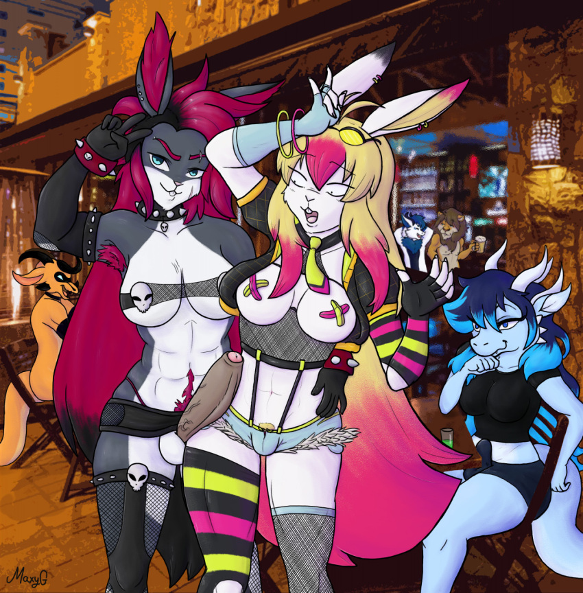 alcohol animal_humanoid anthro armpit_hair beer beverage black_clothing black_shirt black_topwear blue_body blue_hair body_hair bottomwear breasts bulge chair clothing dragon draigy felid feng_lion furniture genitals gloves group hair hands_behind_back handwear hi_res horn hotpants humanoid lagomorph lagomorph_humanoid legwear leporid lion looking_at_another looking_at_viewer looking_pleasured lully_pop mammal mammal_humanoid maxyg muscular necktie night on_chair pantherine penis photo_background piercing rabbit red_hair scar scared shirt shorts sitting sitting_on_chair skull_accessory smile stockings talking_to_another teeth_showing topwear vein veiny_penis