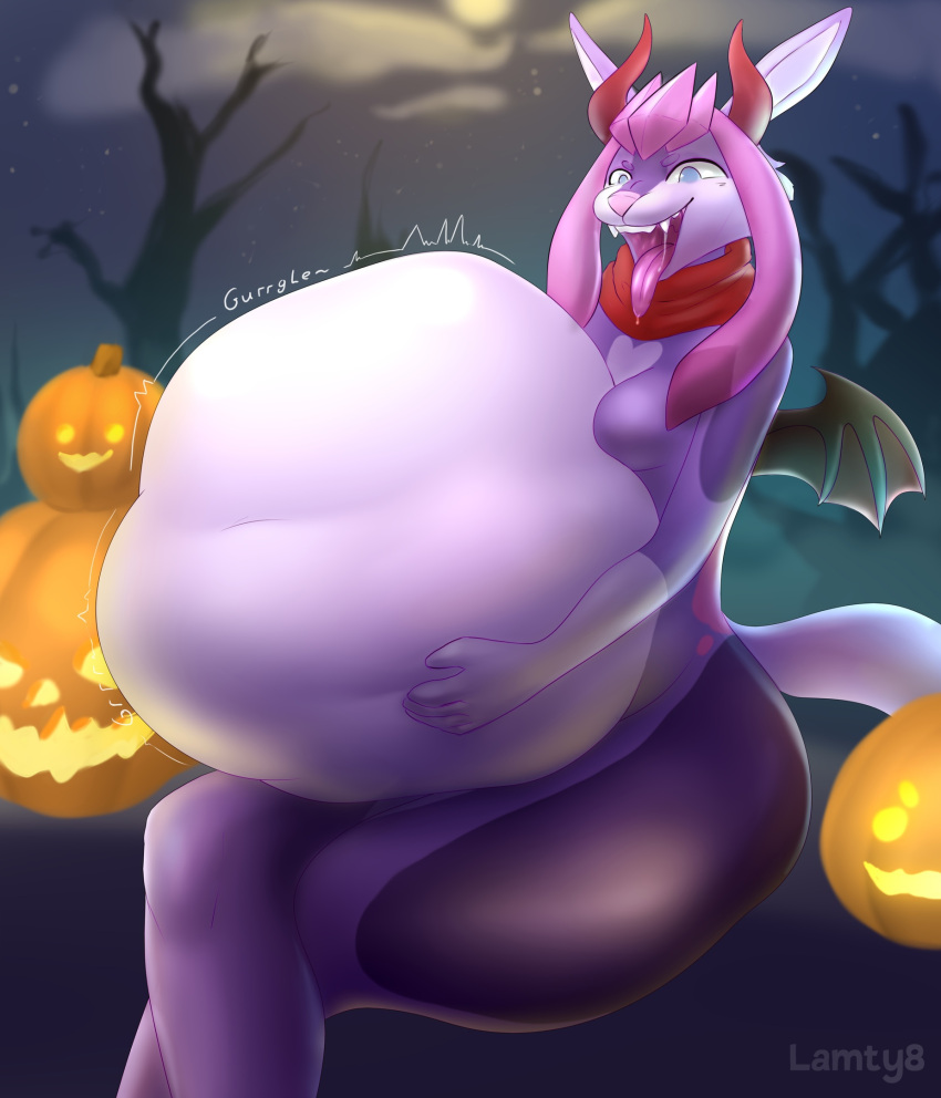 ambiguous_gender anthro belly big_belly big_butt butt clothing costume duo eeveelution fake_horns generation_4_pokemon glaceon halloween hi_res holidays horn lamty8 membrane_(anatomy) membranous_wings nintendo pokemon pokemon_(species) thick_thighs tongue video_games vore wide_hips wings