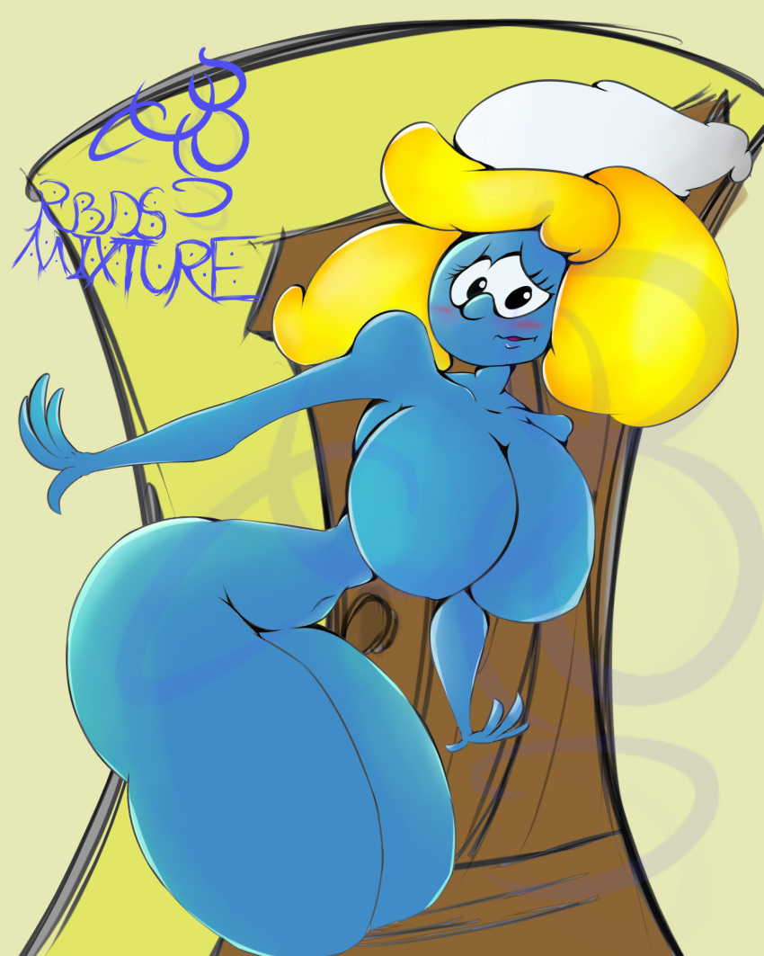 absurd_res big_breasts blonde_hair blue_body blue_skin blush breasts butt clothing female hair hat headgear headwear hi_res humanoid rbds_mixture smurfette solo the_smurfs thick_thighs