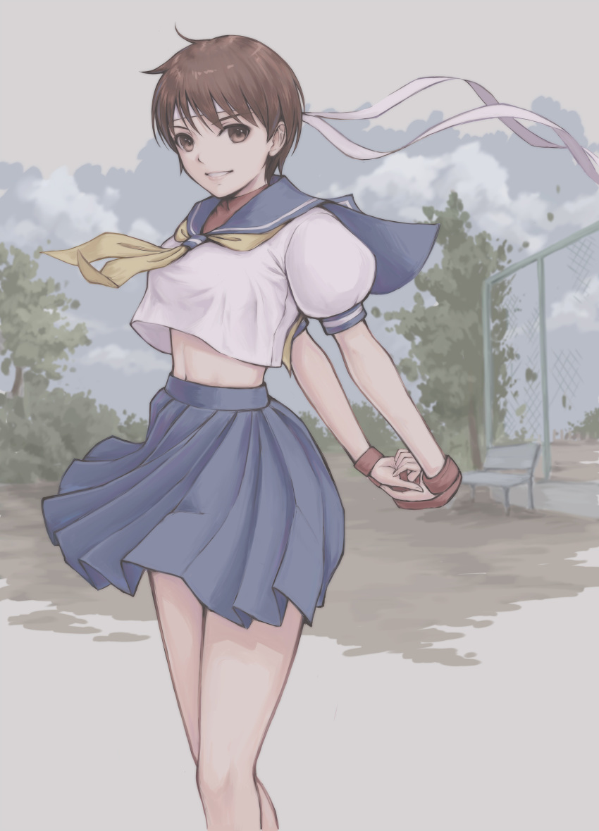 1girl absurdres arms_behind_back bangs blue_skirt blue_sky breasts brown_eyes brown_hair cloud cloudy_sky commentary_request crop_top gloves headband highres kasugano_sakura looking_at_viewer medium_breasts midriff own_hands_together parted_lips pleated_skirt puffy_short_sleeves puffy_sleeves red_gloves sailor_collar school_uniform serafuku shadow shiny shiny_hair short_hair short_sleeves simple_background skirt sky smile street_fighter street_fighter_zero_(series) tree turtleneck tya_no_ki