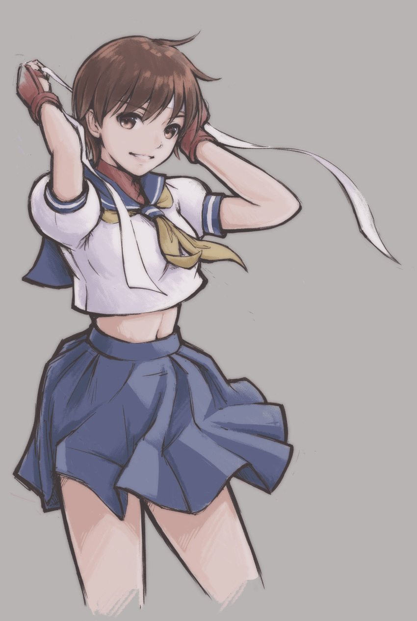 1girl absurdres arms_up bangs blue_skirt breasts brown_eyes brown_hair commentary_request crop_top gloves grey_background hands_up headband highres kasugano_sakura looking_at_viewer midriff navel parted_lips pleated_skirt puffy_short_sleeves puffy_sleeves red_gloves school_uniform serafuku shiny shiny_hair short_hair short_sleeves simple_background skirt small_breasts smile street_fighter street_fighter_zero_(series) turtleneck tya_no_ki