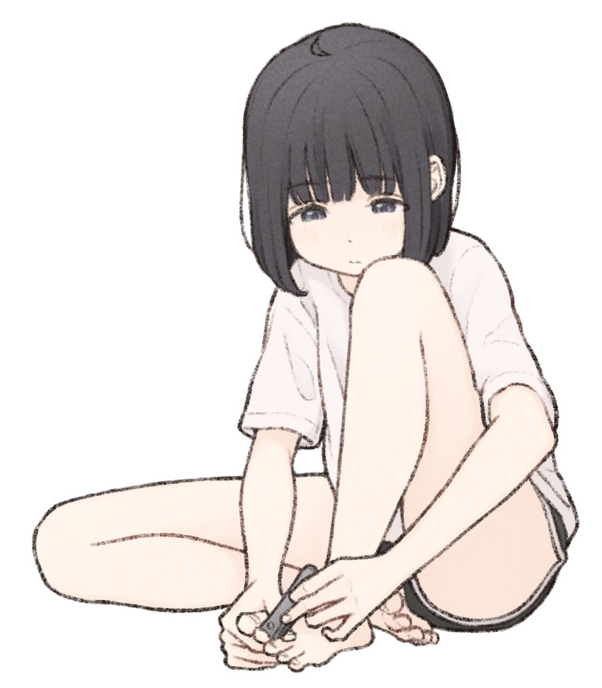 1girl 1ssakawaguchi bangs barefoot black_hair black_shorts clipping_nails closed_mouth feet full_body grey_eyes hands_on_feet highres knee_up looking_away looking_down nail_clippers original pedicure shirt short_shorts short_sleeves shorts simple_background solo toenails toes white_background white_shirt