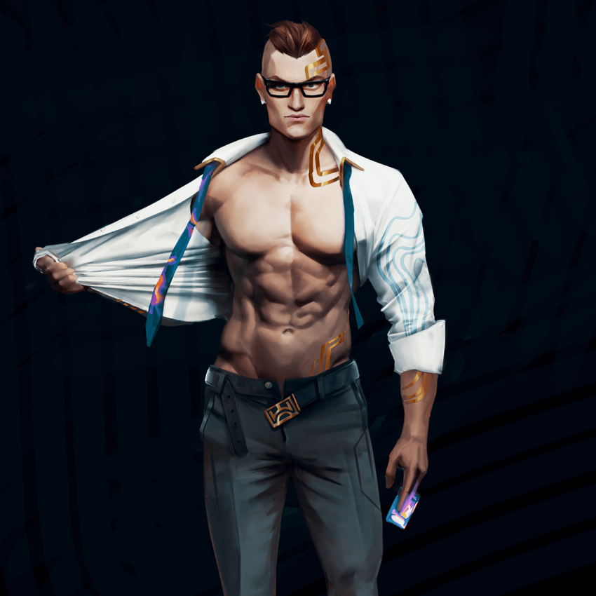 1boy abs belt black_belt black_hair black_pants body_markings card chamber_(valorant) closed_mouth earrings glasses highres holding holding_card huntang513 jewelry large_pectorals male_focus muscular muscular_male navel necktie open_belt open_clothes open_shirt pants pectorals shirt short_hair solo undercut undone_necktie valorant white_shirt