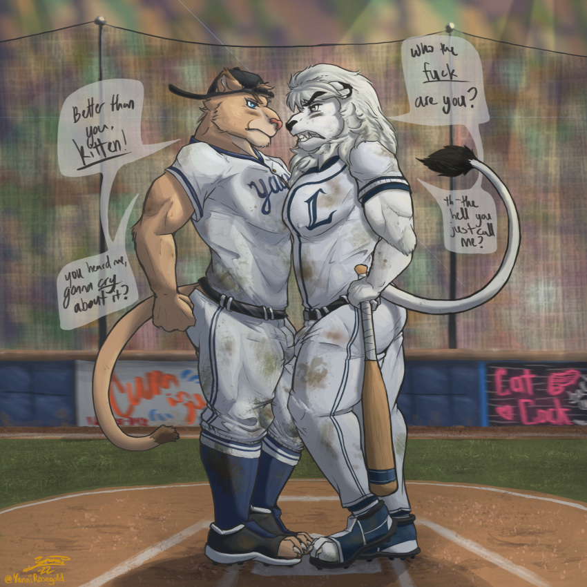 anthro argument backwards_baseball_cap backwards_hat bared_teeth baseball_(sport) baseball_base baseball_bat baseball_cap baseball_field baseball_uniform bat_(object) belt black_eyes black_nose blue_eyes bulge bulge_frottage butt cleats clothed clothing cougar dialogue dialogue_box duo felid feline flexing footwear fully_clothed fur glare grass hand_on_hip hat headgear headwear hi_res leo_(saitama_seibu_lions) lion male male/male mammal mascot muscular muscular_male nippon_professional_baseball pantherine paw_shoes pecs pecs_touching pink_nose plant raised_tail saitama_seibu_lions shoes sport sportswear stained_clothing tan_body tan_fur tight_clothing uniform white_body white_fur yaco_puma yaco_puma_striptease yannirosegold yaquis_de_obregon