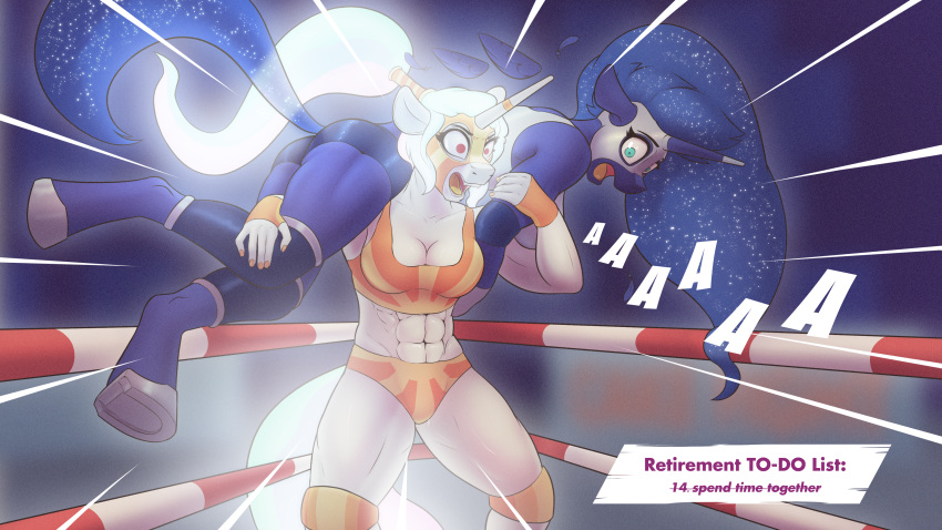 abs absurd_res anthro battle_cry cocaine_(artist) duo equid equine female female/female fighting_ring friendship_is_magic hair hasbro hi_res horn horse mammal muscular muscular_female my_little_pony pony ponytail princess_celestia_(mlp) princess_luna_(mlp) retirement scared screaming winged_unicorn wings wrestling