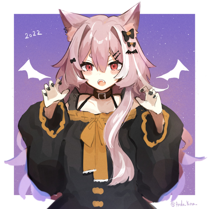1girl andou_yuna animal_ear_fluff animal_ears black_bow black_dress black_nails bow brown_bow brown_hair cat_ears claw_pose commentary_request drawn_wings dress fangs hair_bow hair_intakes hands_up highres long_hair long_sleeves looking_at_viewer multicolored_hair nail_polish off-shoulder_dress off_shoulder open_mouth original puffy_long_sleeves puffy_sleeves solo streaked_hair upper_body very_long_hair white_hair wing_hair_ornament
