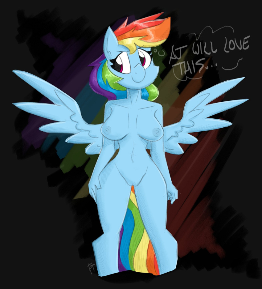anthro anthrofied blue_body blue_feathers dialogue digital_media_(artwork) equid equine feathers flutterthrash friendship_is_magic hair hasbro hi_res looking_aside mammal multicolored_hair multicolored_tail my_little_pony nude pegasus pink_eyes rainbow rainbow_dash_(mlp) rainbow_hair rainbow_tail smile smirk spread_wings wings