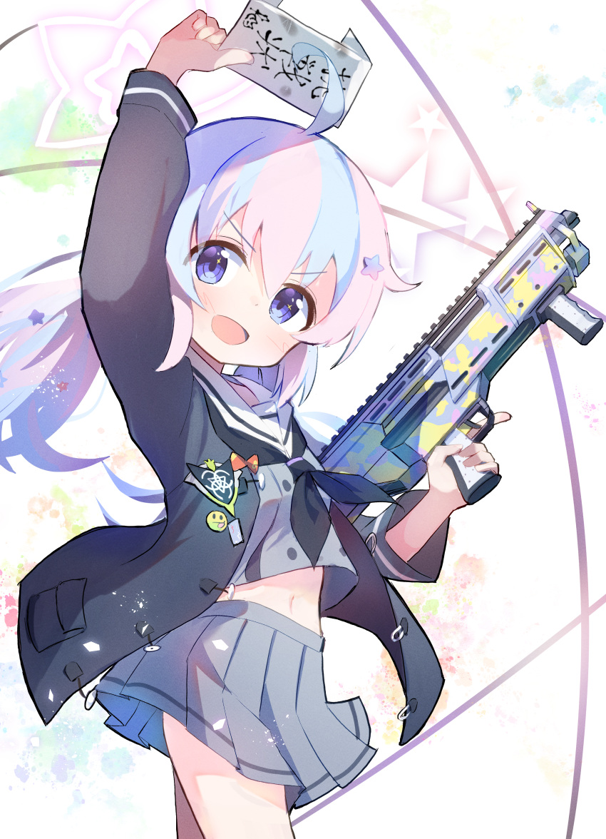 1girl :d absurdres ahoge arm_up assault_rifle bangs blue_archive blue_eyes commentary_request eyes_visible_through_hair gun haemori_ako hair_between_eyes hair_ornament halo highres holding holding_gun holding_letter holding_weapon letter long_hair long_sleeves looking_at_viewer low_twintails midriff multicolored_hair navel pink_hair pleated_skirt reisa_(blue_archive) rifle school_uniform serafuku sidelocks simple_background skirt smile solo star_(symbol) star_hair_ornament starry_background streaked_hair translation_request trigger_discipline twintails two-tone_hair weapon