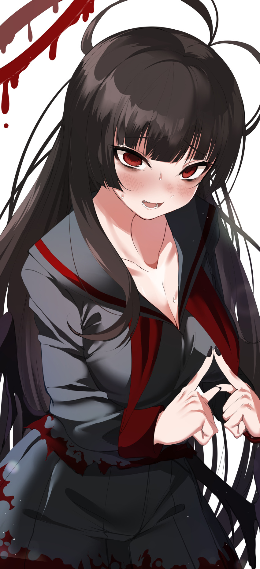 1girl absurdres antenna_hair bangs black_hair black_skirt black_wings blood blue_archive blunt_bangs blush breasts cleavage collarbone halo highres index_finger_raised index_fingers_together large_breasts long_hair looking_at_viewer maou_(maoudaisukiya) open_mouth pleated_skirt red_eyes school_uniform serafuku shirt simple_background skirt smile solo tsurugi_(blue_archive) very_long_hair white_background wings