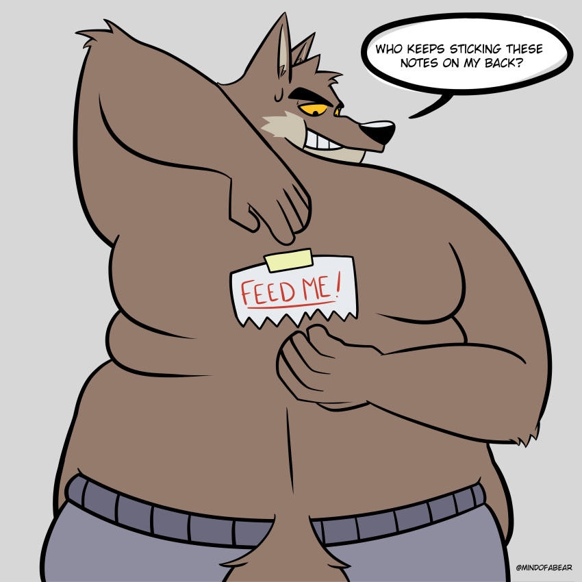 absurd_res anthro back_rolls belly belly_overhang big_belly bodily_fluids butt canid canine canis clothing dreamworks fattytober hi_res male mammal mindof mr._wolf_(the_bad_guys) note overweight overweight_male sweat sweatpants the_bad_guys thick_arms weight_gain wolf