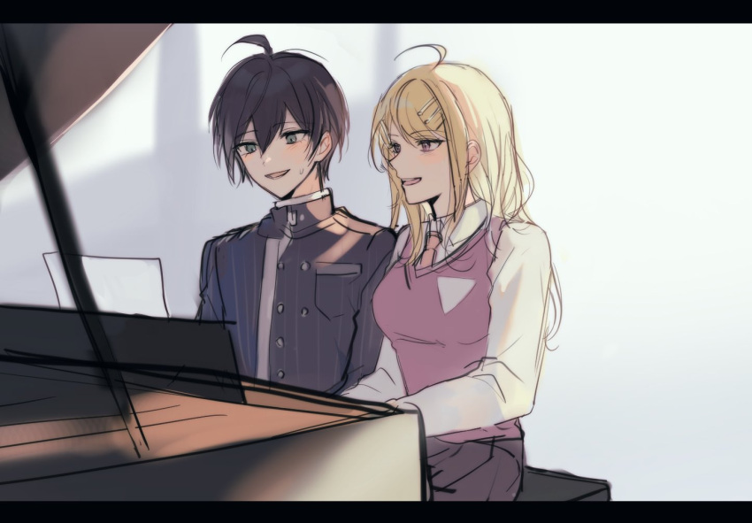 1boy 1girl :d ahoge akamatsu_kaede bangs blonde_hair breast_pocket breasts buttons collared_shirt danganronpa_(series) danganronpa_v3:_killing_harmony double-breasted hair_ornament hairclip instrument jacket large_breasts long_sleeves minyong_(mi_nyong_uu) music necktie paper pink_vest playing_instrument playing_piano pleated_skirt pocket saihara_shuuichi shirt sitting skirt smile striped striped_jacket vest white_shirt