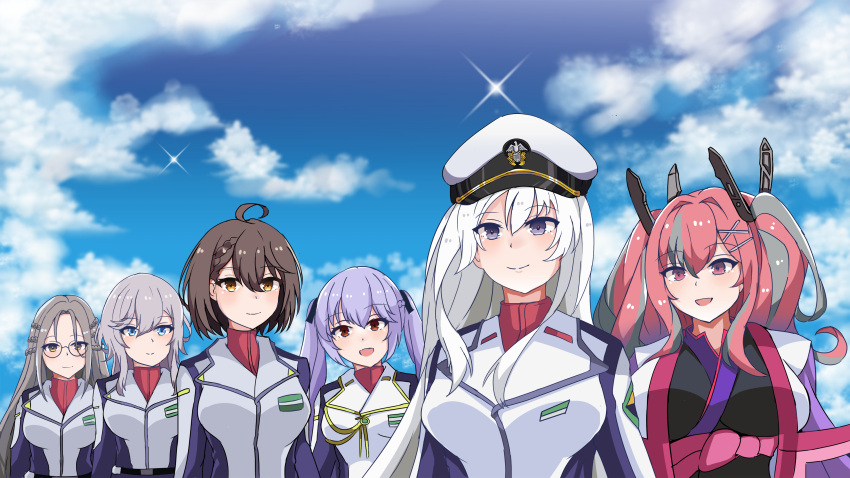 6+girls absurdres azur_lane baltimore_(azur_lane) black_hair bremerton_(azur_lane) enterprise_(azur_lane) essex_(azur_lane) glasses grey_hair gundam gundam_seed gundam_seed_destiny hat highres long_hair lsheng military military_hat military_uniform multiple_girls parody purple_hair red_hair shangri-la_(azur_lane) short_hair twintails uniform washington_(azur_lane) white_hair