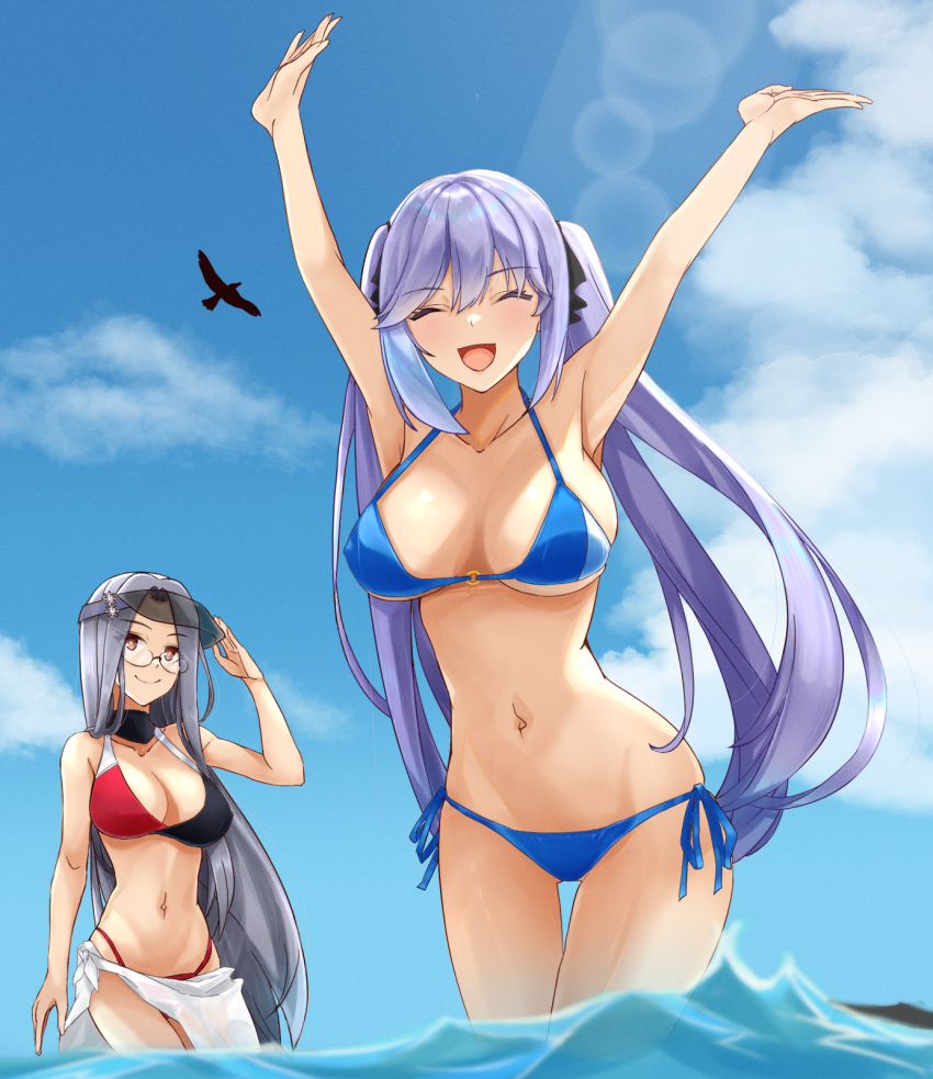 2girls azur_lane bikini blue_bikini blue_sky breasts chuu_(rinet) essex_(azur_lane) glasses highres medium_breasts multiple_girls ocean open_mouth shangri-la_(azur_lane) sky smile swimsuit twintails