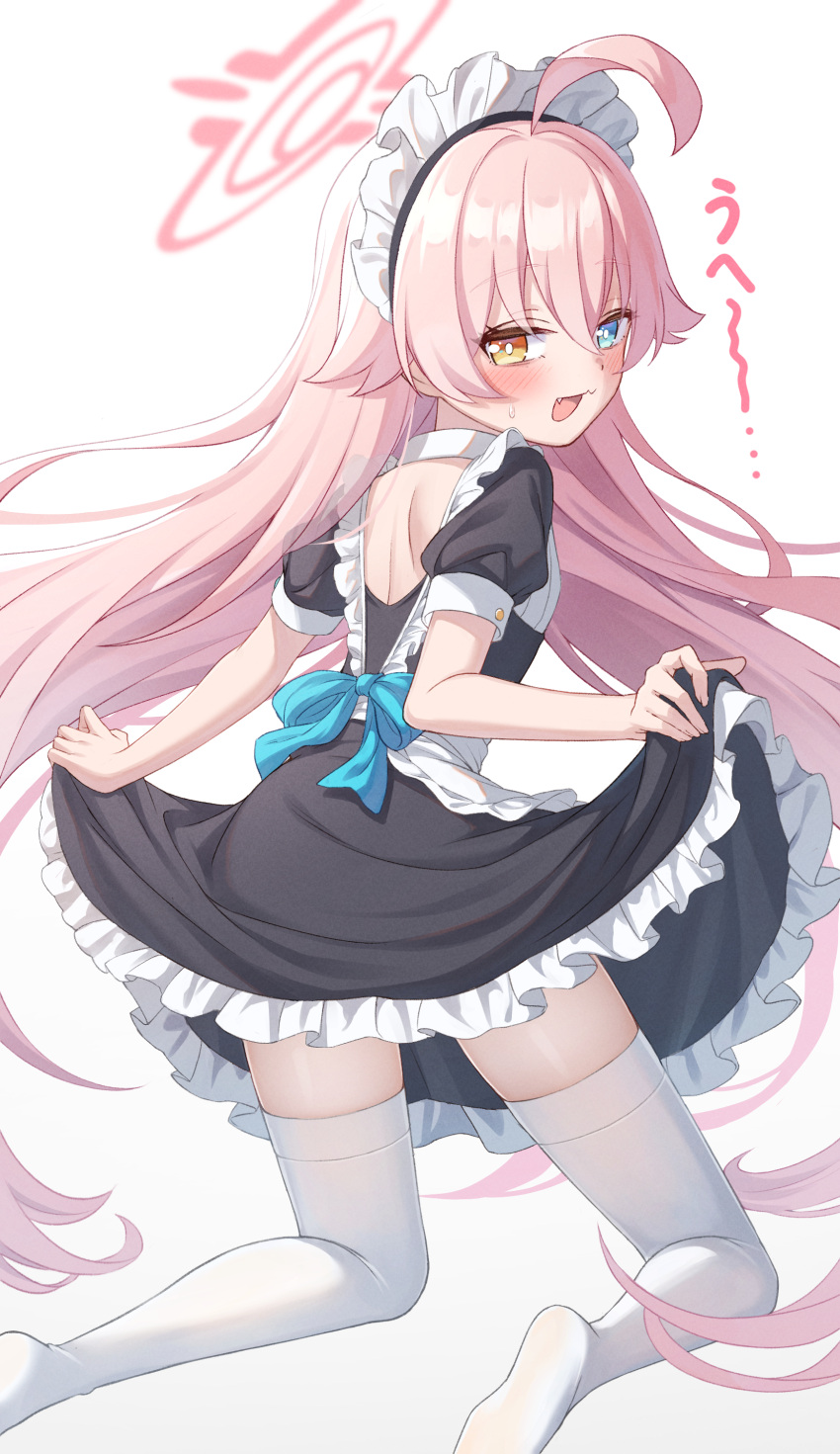 1girl :d absurdres ahoge alternate_costume apron bangs bare_back blue_archive blush clothes_lift commentary_request enmaided from_behind hair_between_eyes halo heterochromia highres hoshino_(blue_archive) long_hair looking_at_viewer looking_back maid maid_apron maid_headdress one_knee pink_hair short_sleeves shoulder_blades sidelocks simple_background skirt skirt_lift smile solo thighhighs translation_request warojiku white_background white_thighhighs zettai_ryouiki