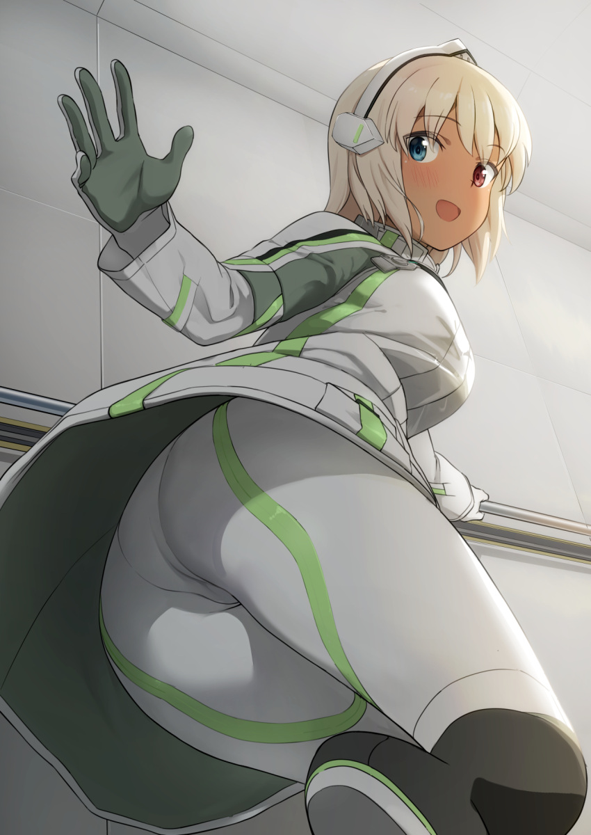 1girl alice_gear_aegis ass bangs black_footwear blonde_hair blue_eyes blush boots breasts character_request coat gloves ground_vehicle headgear heterochromia highres long_hair looking_at_viewer looking_back military military_vehicle motor_vehicle open_mouth pants railing red_eyes solo tank unpasu white_coat white_pants