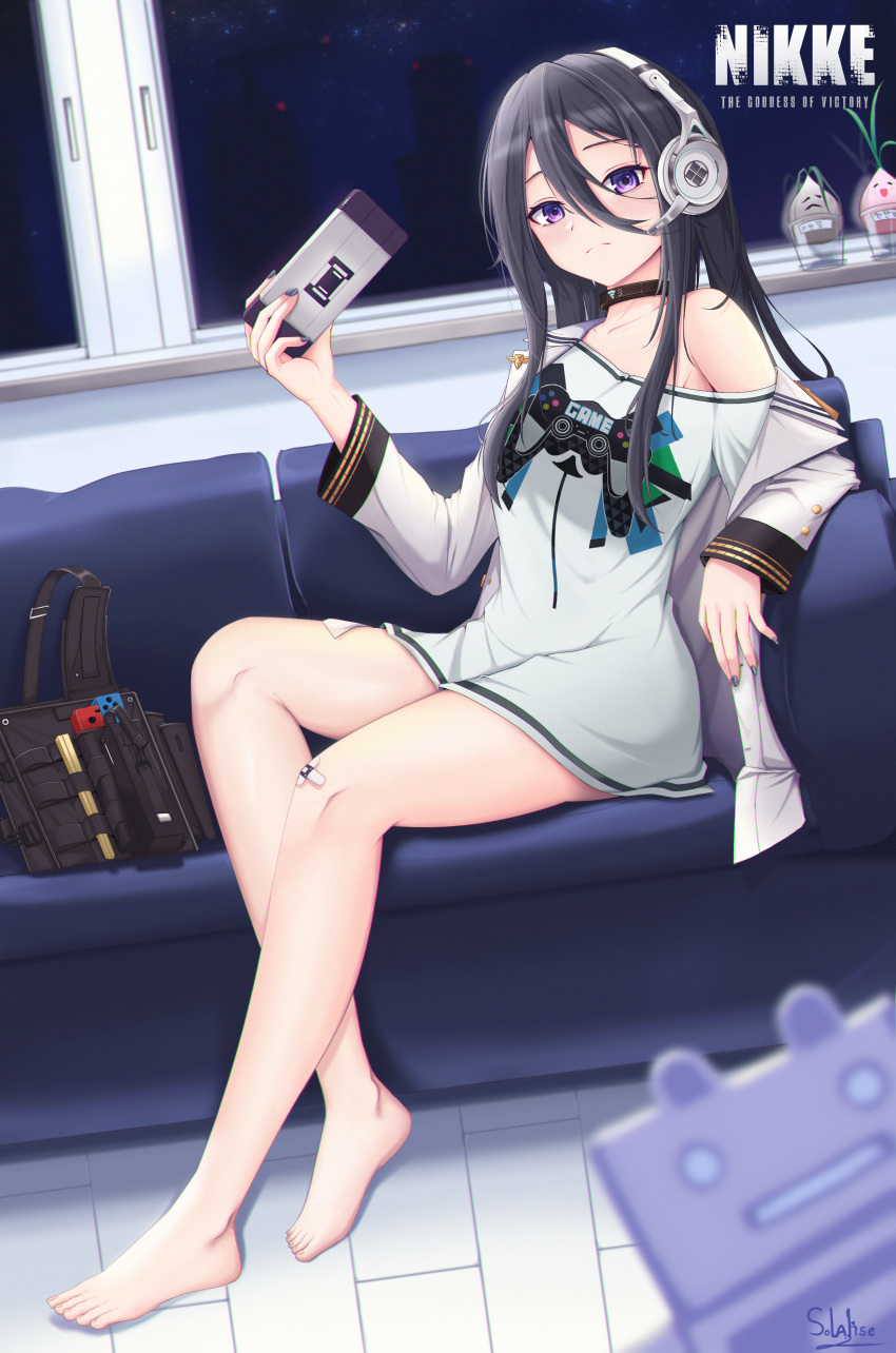 1girl absurdres bandaid bandaid_on_knee bandaid_on_leg bare_legs bare_shoulders barefoot black_hair choker couch exia_(nikke) feet goddess_of_victory:_nikke handheld_game_console headphones highres legs logo long_hair looking_at_viewer loose_clothes loose_shirt nail_polish night nintendo_switch no_pants plant potted_plant purple_eyes shirt solalise tile_floor tiles toes window