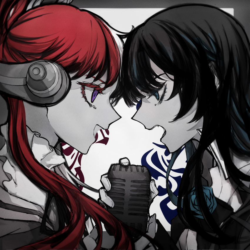 2girls absurdres ado_(singer) album_cover bangs black_hair blue_eyes blue_flower blue_hair blue_rose collar collared_shirt cover ewkkyorhr_(orihara) eye_contact face-to-face flower forehead-to-forehead frilled_collar frills from_side gloves headphones heads_together highres holding holding_microphone long_hair looking_at_another microphone multicolored_hair multiple_girls official_art one_piece one_piece_film:_red open_mouth popped_collar portrait profile purple_eyes red_hair rose second-party_source shirt streaked_hair two-tone_hair uta_(one_piece) vintage_microphone white_background white_gloves white_hair white_shirt