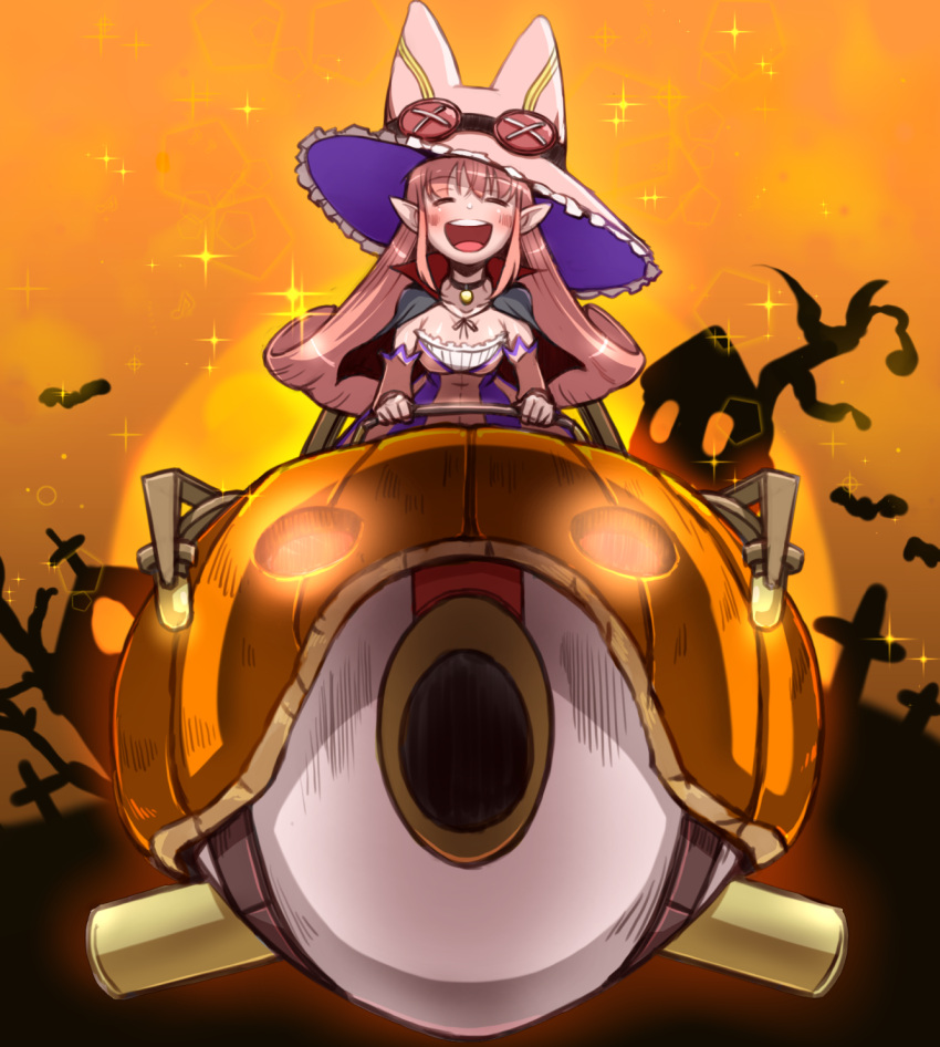 1girl capelet closed_eyes fate/grand_order fate_(series) habetrot_(fate) halloween_costume hat highres jack-o'-lantern long_hair orange_background pink_hair pointy_ears riding taru_neko witch_hat