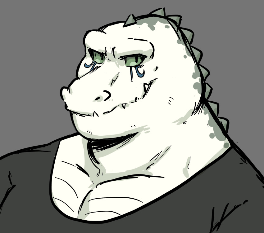 anthro clothing crocodilian dark_topwear dynogreeno green_eyes hi_res humanoid larger_male makeup male reptile scales scalie shirt size_difference smile smiling_at_viewer teeth teeth_showing topwear white_body white_scales