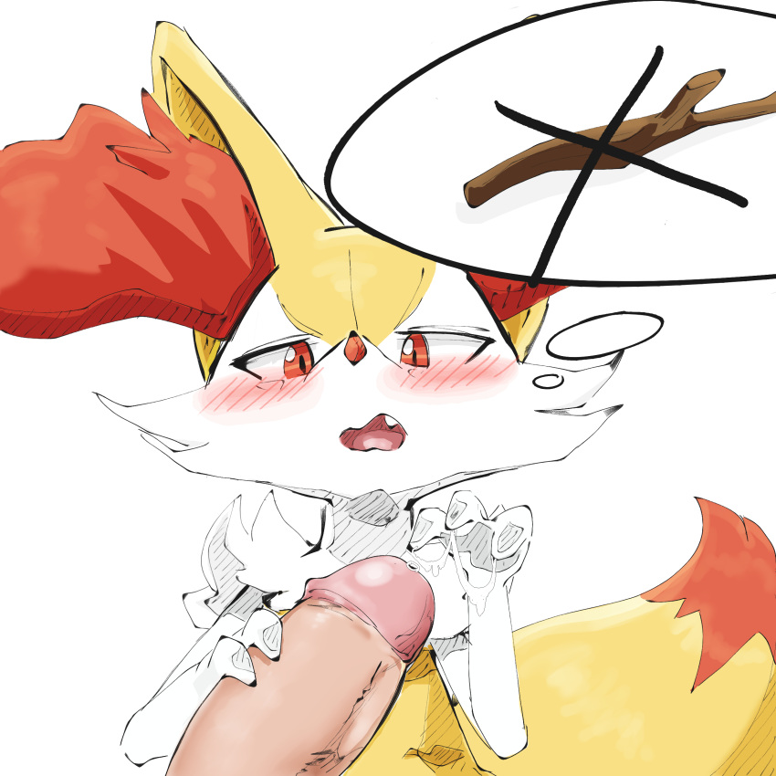 absurd_res aka_leopard anthro braixen duo female generation_6_pokemon genitals handjob hi_res human male male/female mammal nintendo penile penis pokemon pokemon_(species) sex simple_background video_games white_background