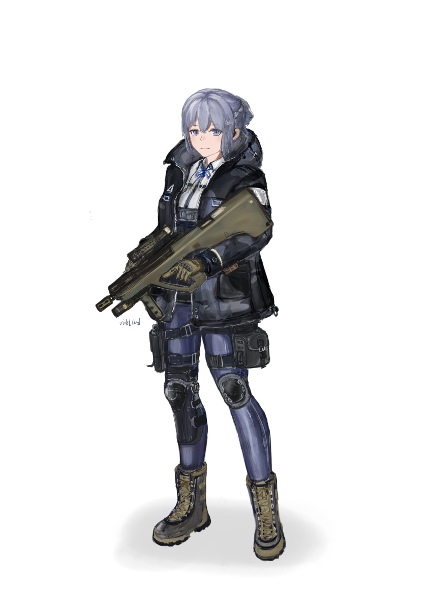 1girl absurdres artist_name assault_rifle bangs black_jacket blue_pants boots braid brown_footwear brown_gloves bullpup closed_mouth earpiece french_braid full_body girls'_frontline gloves gun hair_ribbon handgun highres holding holding_gun holding_weapon holstered_weapon hood hooded_jacket jacket knee_pads light_purple_hair long_sleeves looking_at_viewer medium_hair neck_ribbon open_clothes open_jacket original pants purple_eyes ribbon rifle shirt smile solo standing steyr_aug violetcreed weapon white_background white_shirt