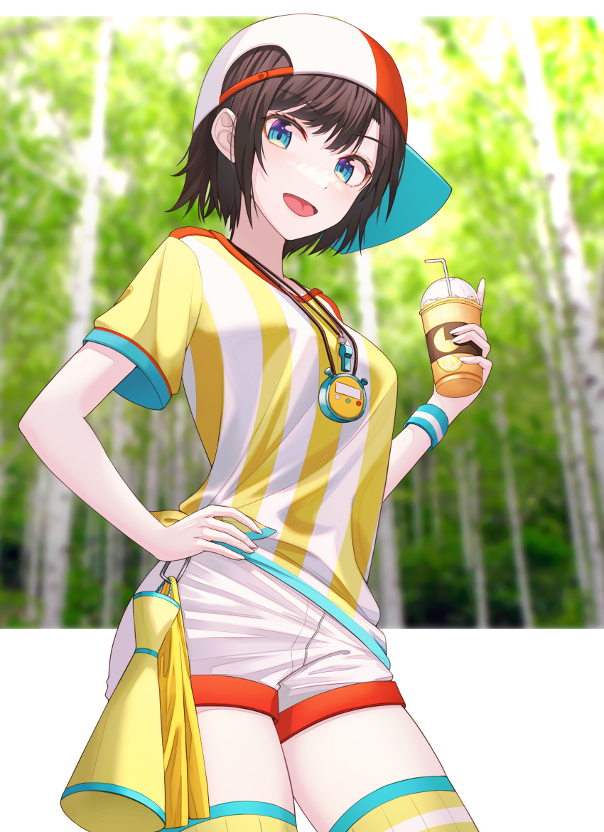 1girl :d absurdres baseball_cap blue_eyes blurry blurry_background brown_hair cup disposable_cup hand_on_hip hat highres hololive looking_at_viewer megaphone oozora_subaru shirt short_hair short_sleeves shorts sideways_hat smile standing striped striped_shirt thighhighs timer white_shorts wristband yt9676