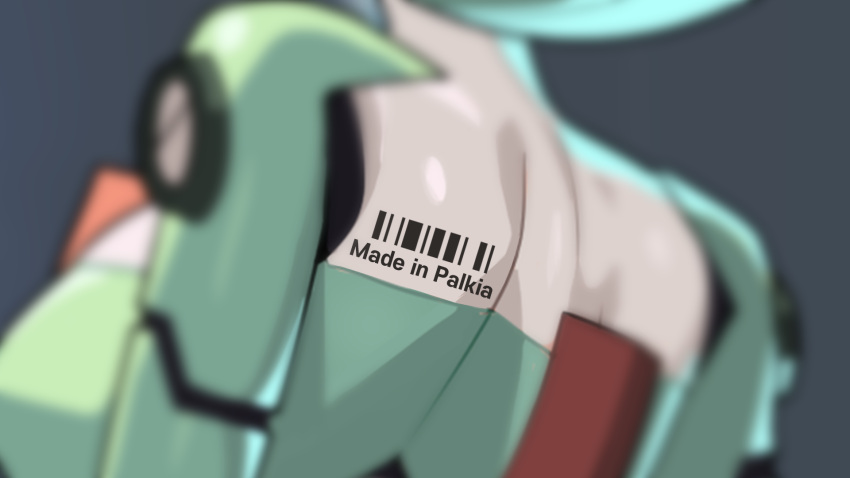 1girl back barcode blurry breasts close-up colored_skin commentary depth_of_field drunkoak english_commentary english_text gardevoir green_hair green_skin grey_background head_out_of_frame highres humanoid_robot medium_breasts multicolored_skin pokemon pokemon_(creature) short_hair simple_background solo two-tone_skin white_skin