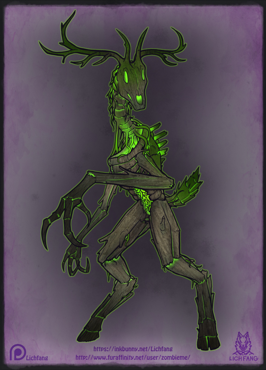 2017 3_fingers ambiguous_gender animated_skeleton anthro antlers bone cervid claws cloven_hooves digitigrade elemental_creature fingers flora_fauna glowing hi_res hooves horn jb_greymane lichfang looking_at_viewer mammal monster plant short_tail simple_background skeleton skull solo standing treant tree undead vines