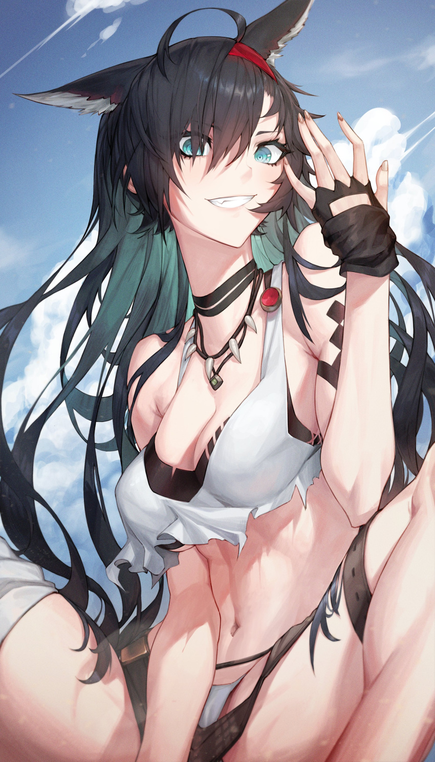 absurdres animal_ears arknights bikini bikini_under_clothes black_hair blaze_(arknights) breasts choker crazy fingerless_gloves fingernails gloves green_eyes highres jewelry jin_grey_paladin multicolored_hair navel necklace shirt smile strap streaked_hair swimsuit thigh_strap thighs toned tooth_necklace torn_clothes torn_shirt two-tone_hair