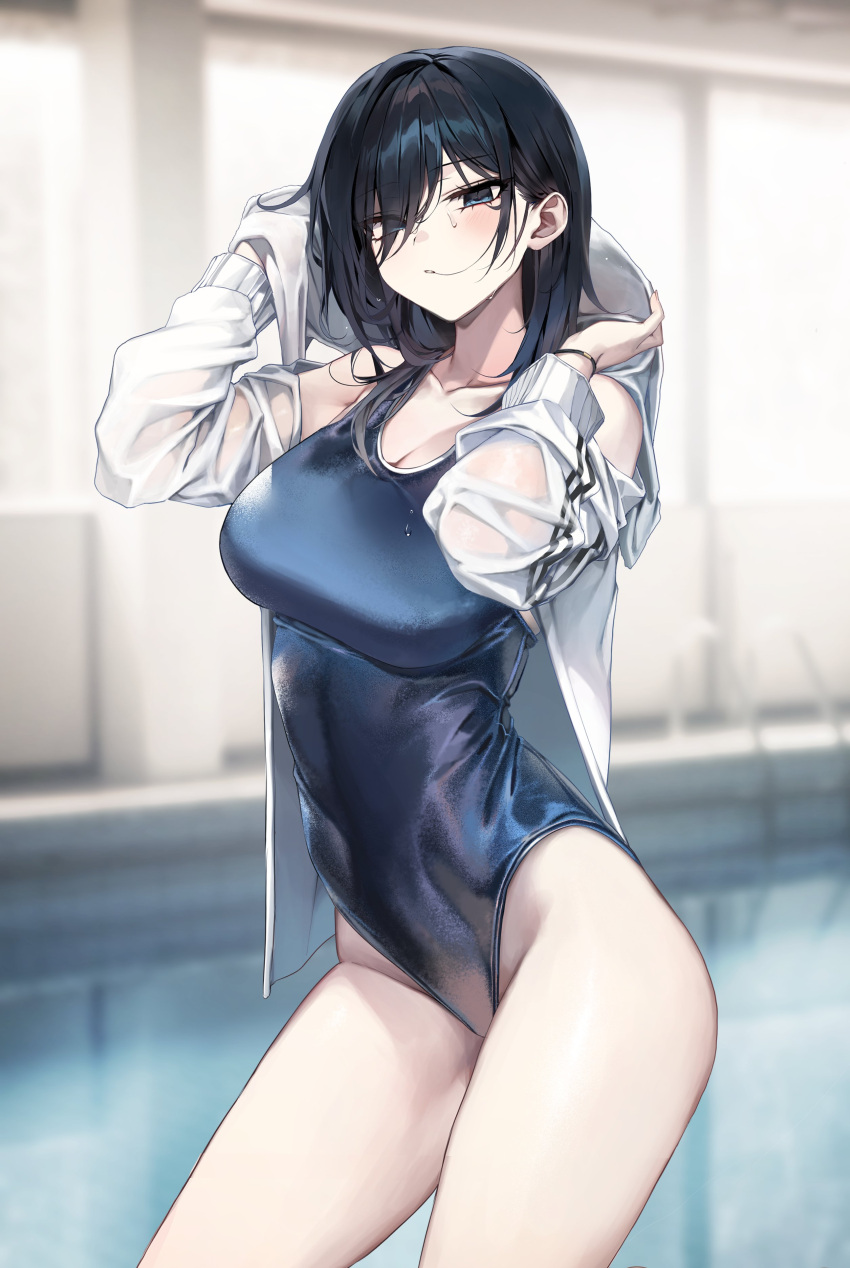 1girl absurdres bara_(03_bara_) black_hair blue_eyes blush breasts cleavage highres large_breasts one-piece_swimsuit original school_swimsuit shirt short_hair solo swimsuit white_shirt yokoyama_ishimi