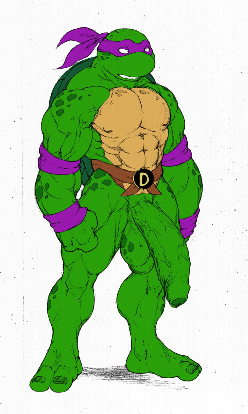 2022 abs anthro balls big_balls big_penis donatello_(tmnt) flat_colors foreskin genitals green_penis half-erect hi_res humanoid_genitalia humanoid_penis male muscular muscular_male nipples penis reptile scalie solo teenage_mutant_ninja_turtles turtle utx-shapeshifter vein veiny_penis