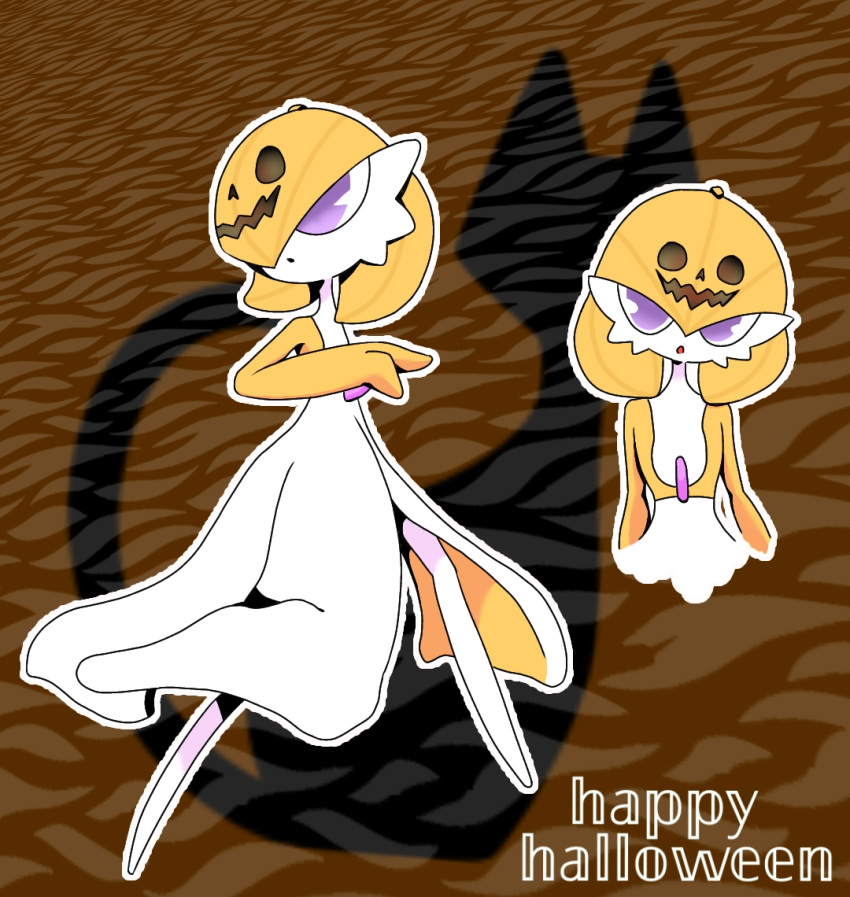 1girl alternate_color alternate_shiny_pokemon arms_at_sides bangs bob_cut brown_background colored_skin commentary_request cropped_torso english_commentary english_text flat_chest full_body gardevoir hair_between_eyes hair_over_one_eye halloween happy_halloween jack-o'-lantern legs_apart looking_at_viewer mixed-language_commentary multicolored_skin multiple_views one_eye_covered open_mouth orange_hair orange_skin outline partial_commentary pokemon pokemon_(creature) purple_eyes shadow short_hair standing two-tone_skin upper_body white_outline white_skin yuri_(pixiv_76483886)