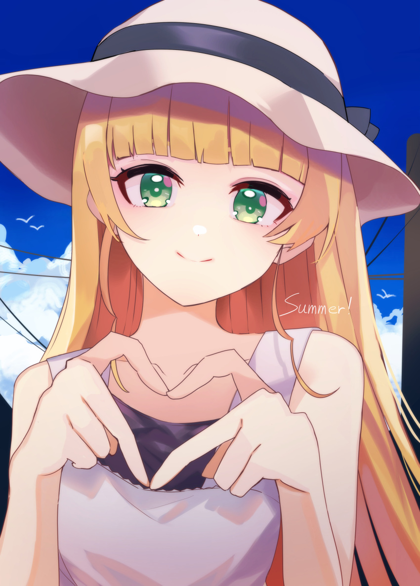 1girl absurdres bangs blonde_hair blunt_bangs closed_mouth commentary dress english_text eyebrows_hidden_by_hair finger_heart green_eyes hat heanna_sumire highres long_hair looking_at_viewer love_live! love_live!_superstar!! nagisa_iori outdoors sidelocks smile solo split_mouth sun_hat sundress white_dress white_headwear