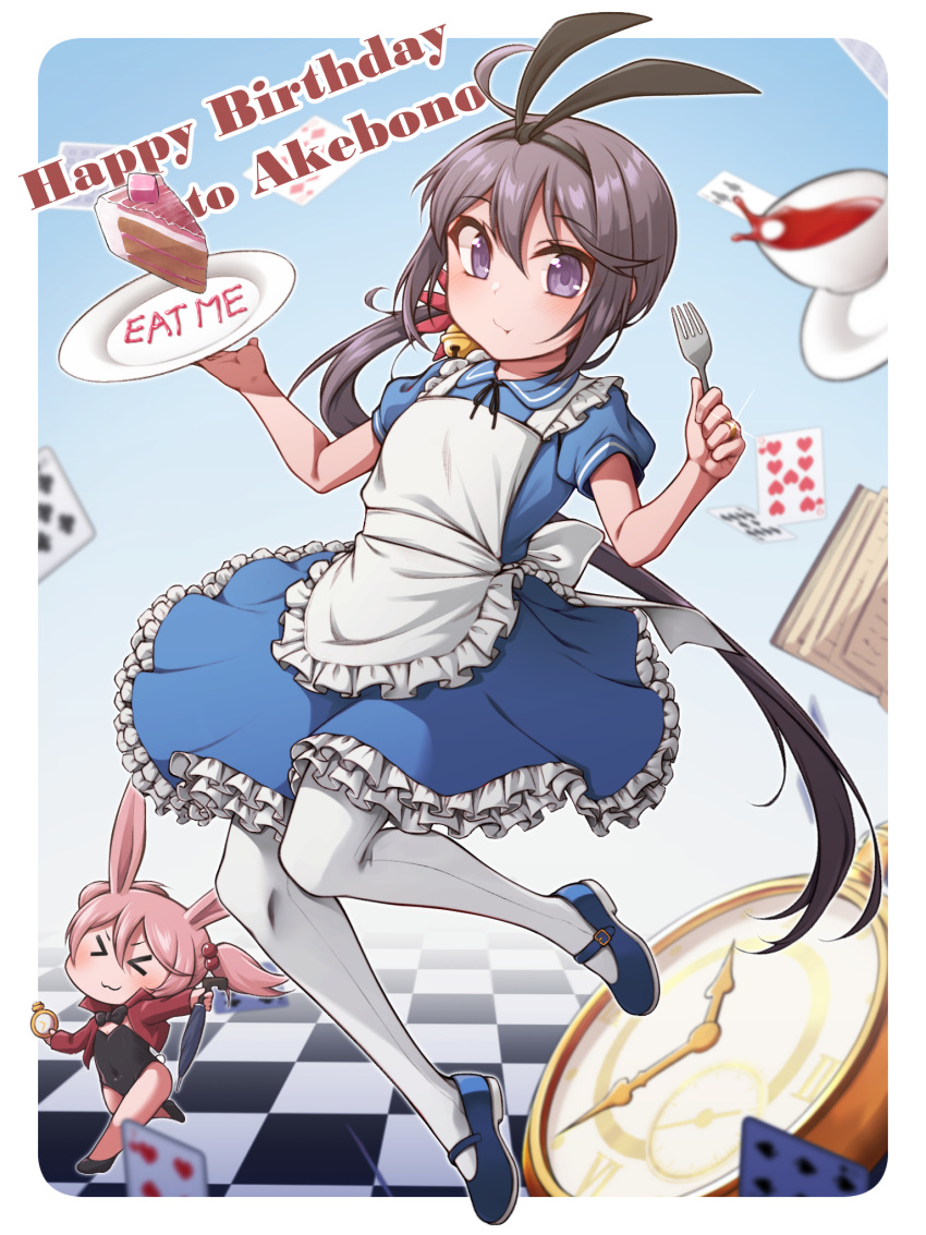 &gt;_&lt; 2girls akebono_(kancolle) alice_(alice_in_wonderland) alice_(alice_in_wonderland)_(cosplay) alice_in_wonderland animal_ears apron bell black_footwear black_leotard black_tea blue_dress blue_footwear blush cake cake_slice card clock closed_mouth cosplay cup dress eating fake_animal_ears fake_tail flower food fork frilled_apron frilled_dress frills hair_bell hair_between_eyes hair_bobbles hair_flower hair_ornament happy_birthday highres holding holding_fork jacket jewelry jingle_bell kantai_collection leotard long_hair long_sleeves multiple_girls open_clothes open_jacket pantyhose pink_hair plate puffy_short_sleeves puffy_sleeves purple_eyes purple_hair rabbit_ears rabbit_tail red_flower red_jacket ring roman_numeral sazanami_(kancolle) shoes short_sleeves side_ponytail strapless strapless_leotard tail tea twintails wedding_ring white_apron white_pantyhose yuki_to_hana