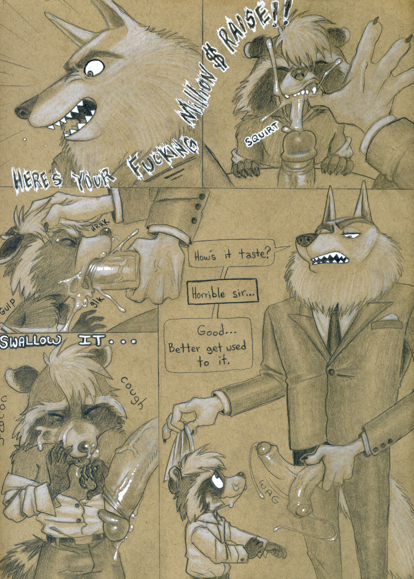 absurd_res anthro bodily_fluids canid canine canis comic cum cum_in_mouth cum_inside duo genital_fluids genitals hi_res humanoid_genitalia humanoid_penis illumination_entertainment jimmy_crystal male male/male mammal penis procyonid raccoon rave_raccoon sing_(movie) size_difference tush wolf