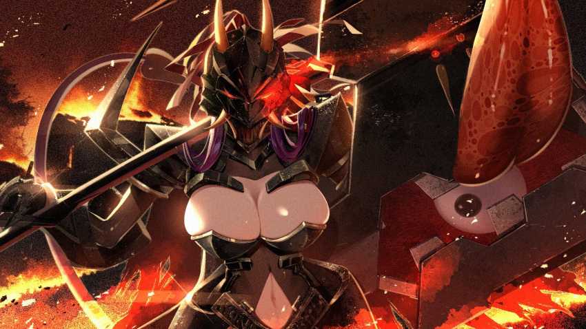 1girl armor black_armor breasts cleavage cluseller demon_girl demon_horns demon_tail gauntlets glowing glowing_eyes helm helmet holding holding_weapon horns large_breasts long_hair navel oni original purple_hair red_eyes shiny shiny_skin shoulder_plates tail weapon