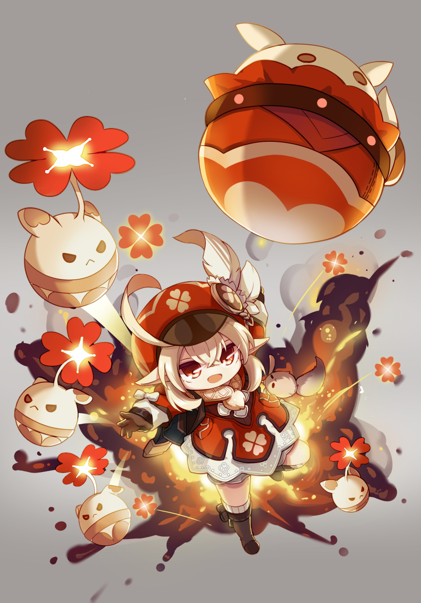 1girl :d absurdres ahoge backpack bag bag_charm bangs bloomers brown_footwear brown_gloves brown_scarf cabbie_hat charm_(object) clover_print coat commentary dodoco_(genshin_impact) explosion from_above genshin_impact gloves hair_between_eyes hat hat_feather hat_ornament highres jumpy_dumpty klee_(genshin_impact) light_brown_hair long_hair long_sleeves looking_at_viewer looking_up low_twintails outstretched_arms pocket pointy_ears randoseru red_coat red_eyes red_headwear scarf sidelocks simple_background smile solo spread_arms standing standing_on_one_leg twintails underwear xtacy