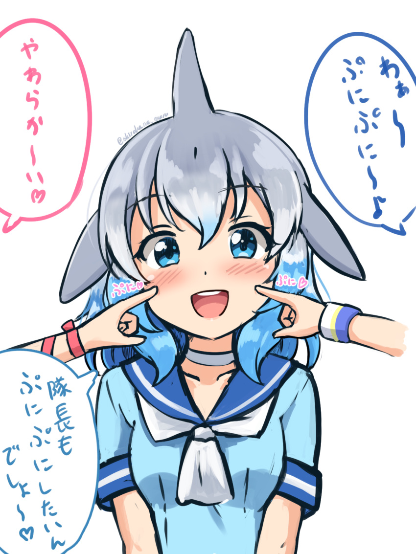3girls :d ascot bangs blowhole blue_eyes blue_hair blue_sailor_collar cheek_poking chinese_white_dolphin_(kemono_friends) commentary common_bottlenose_dolphin_(kemono_friends) common_dolphin_(kemono_friends) dolphin_girl dorsal_fin grey_hair hair_between_eyes highres kemono_friends long_hair looking_at_viewer multicolored_hair multiple_girls open_mouth poking ribbon sailor_collar shiraha_maru short_sleeves simple_background smile solo_focus straight-on translation_request twitter_username upper_body white_ascot white_background white_hair wrist_ribbon wristband