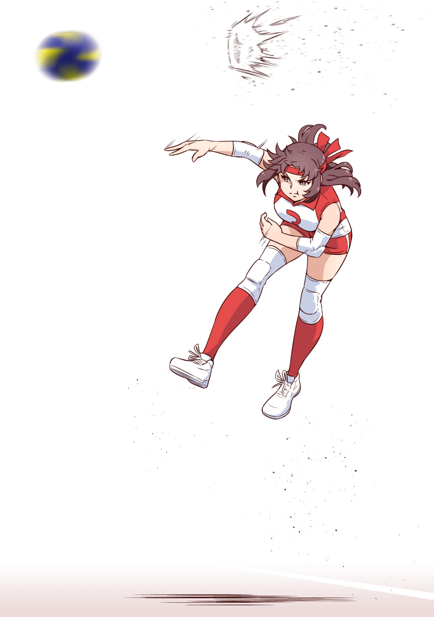 1girl absurdres bangs brown_eyes brown_hair commentary_request elbow_pads girls_und_panzer headband highres jumping knee_pads kondou_taeko medium_hair motion_blur partial_commentary red_headband red_shirt red_shorts red_socks satou_yasu shirt shoes short_shorts shorts simple_background single_vertical_stripe sleeveless sleeveless_shirt sneakers socks solo spiking sportswear volleyball_uniform white_background white_footwear