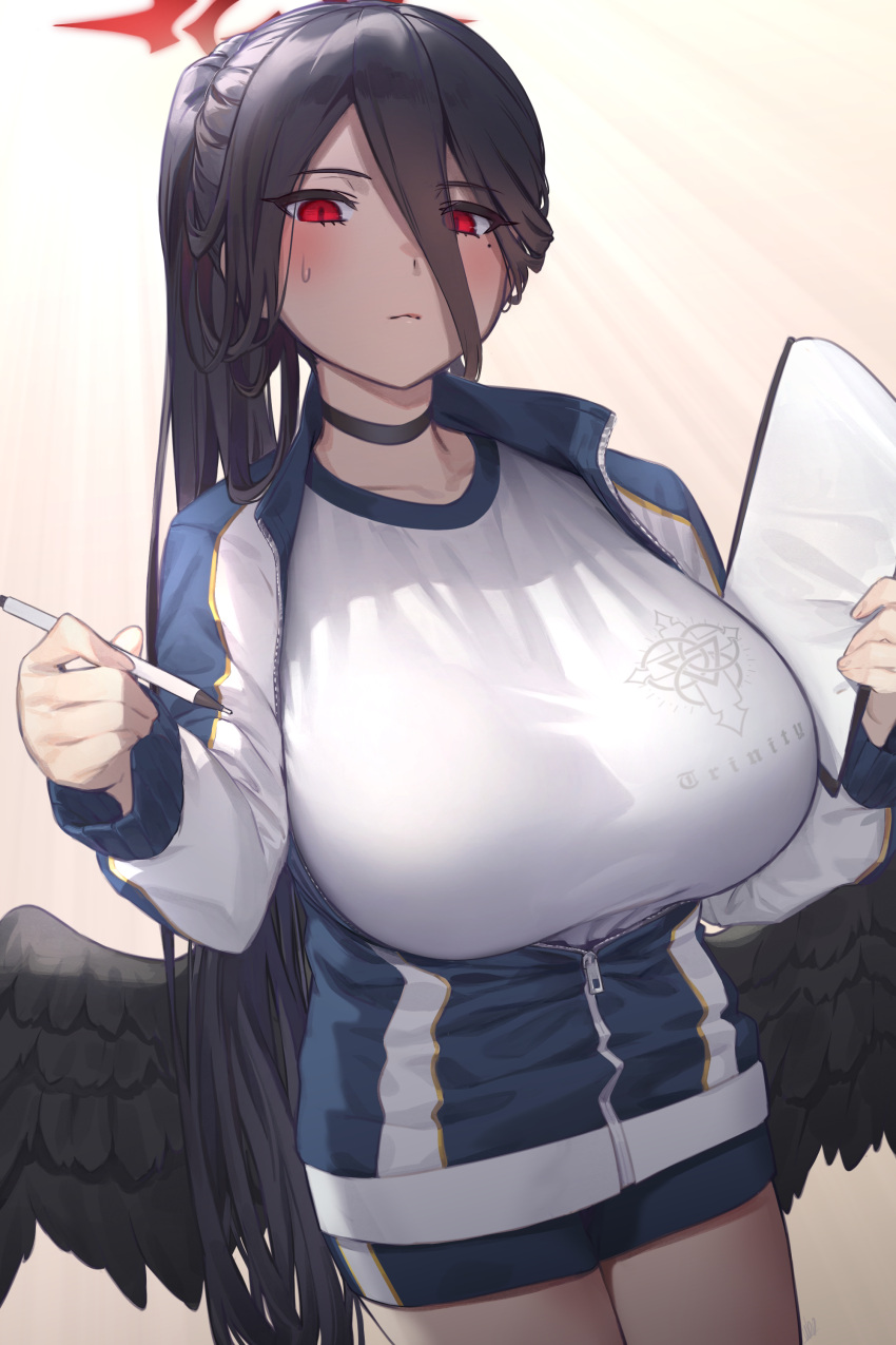1girl absurdres angel_wings black_choker black_feathers black_hair black_wings blue_archive blush braid breasts choker clipboard feathered_wings feathers gradient gradient_background gym_shirt gym_shorts gym_uniform hair_between_eyes halo hasumi_(blue_archive) hasumi_(gym_uniform)_(blue_archive) highres holding holding_pen huge_breasts jacket large_wings long_hair looking_at_viewer low_wings mole mole_under_eye official_alternate_costume partially_unzipped pen red_eyes shirt shorts skirt solo sweatdrop track_jacket ubo_(ubo_tales) very_long_hair white_wings wings