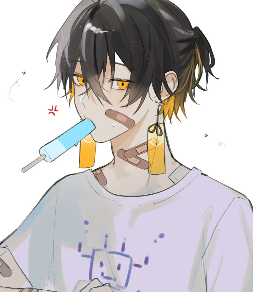 1boy a20190422 alternate_costume alternate_hairstyle anger_vein bandaid bandaid_on_arm bandaid_on_face bandaid_on_neck bangs black_hair blonde_hair bug bug_bite commentary_request crossed_bangs earrings food food_in_mouth hair_between_eyes highres holostars jewelry korean_commentary looking_at_viewer male_focus multicolored_hair popsicle print_shirt shirt short_hair short_ponytail solo sweat t-shirt two-tone_hair upper_body virtual_youtuber white_background white_shirt yatogami_fuma yellow_eyes